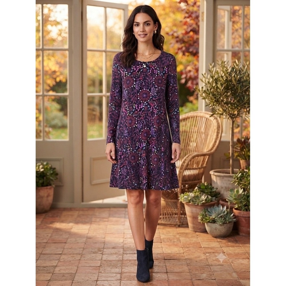 Matilda‎ Jane Purple Botanical Print Long Sleeve Knit Tunic Dress Size Medium